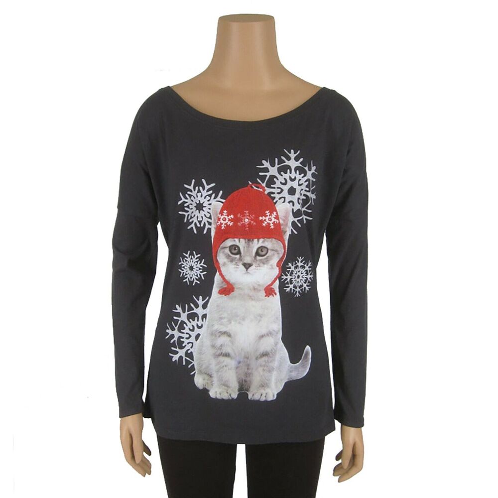 FRZ Kitten Graphic Tee Sz M Jrs Winter Snowflakes T-Shirt Holiday Christmas Top